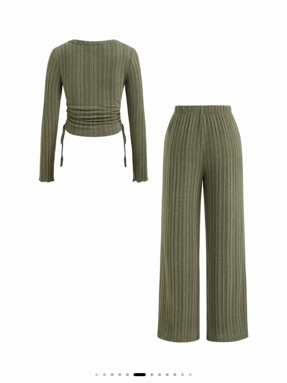 Olive Ribbed Knit Drawstring Top & Wide-Leg Pants Set